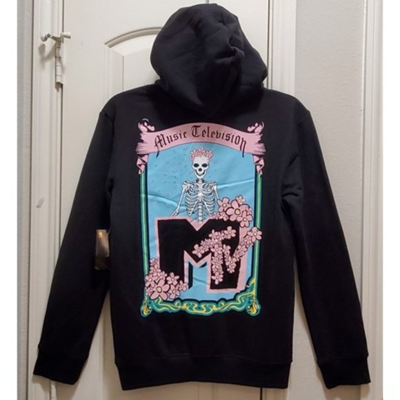 NWT MTV Skeleton & Floral Graphic Black Hoodie Sweatshirt Sz XS Goblincore Goth - Picture 4 of 10